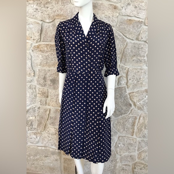 Timeless Vintage 1960s Blue Polka Dot Shirt Dress with Pleated Skirt Classic - Picture 3 of 16